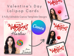 Paquete de 3 plantillas editables para Canva de tarjetas de San Valentín con forma de piruleta