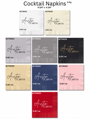A product catalog graphic for Austin Cart Co. Cocktail Napkins, showing nine different napkin color options in a 3-ply set.