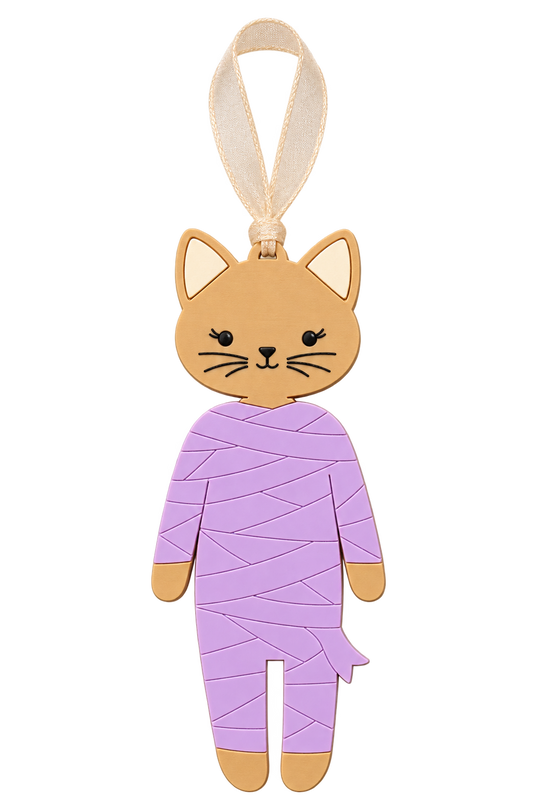 Lavender mummy cat Boo Bag Tag with beige sheer ribbon; initial shown in builder