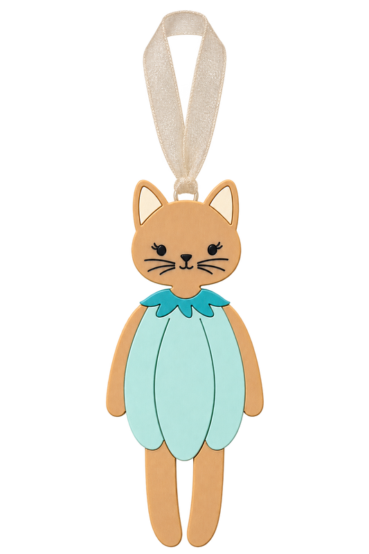 Mint pumpkin cat Boo Bag Tag with beige sheer ribbon; initial shown in builder