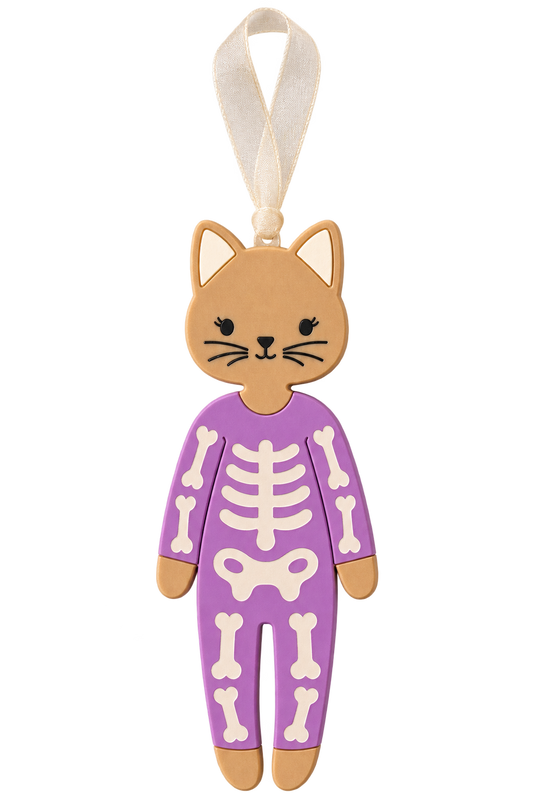 Purple skeleton cat Boo Bag Tag with beige sheer ribbon; initial shown in builder