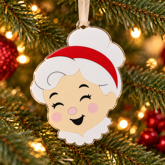 mrs claus UV printed acrylic Christmas ornament hanging on a Christmas tree, with sheer beige ribbon.