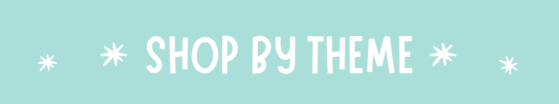 A light teal banner with white text reading 'SHOP BY THEME' centered between small white starburst icons.