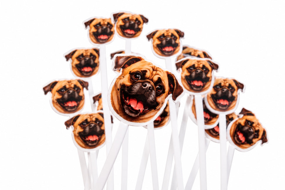 Custom dog face drink stirrers on white sticks