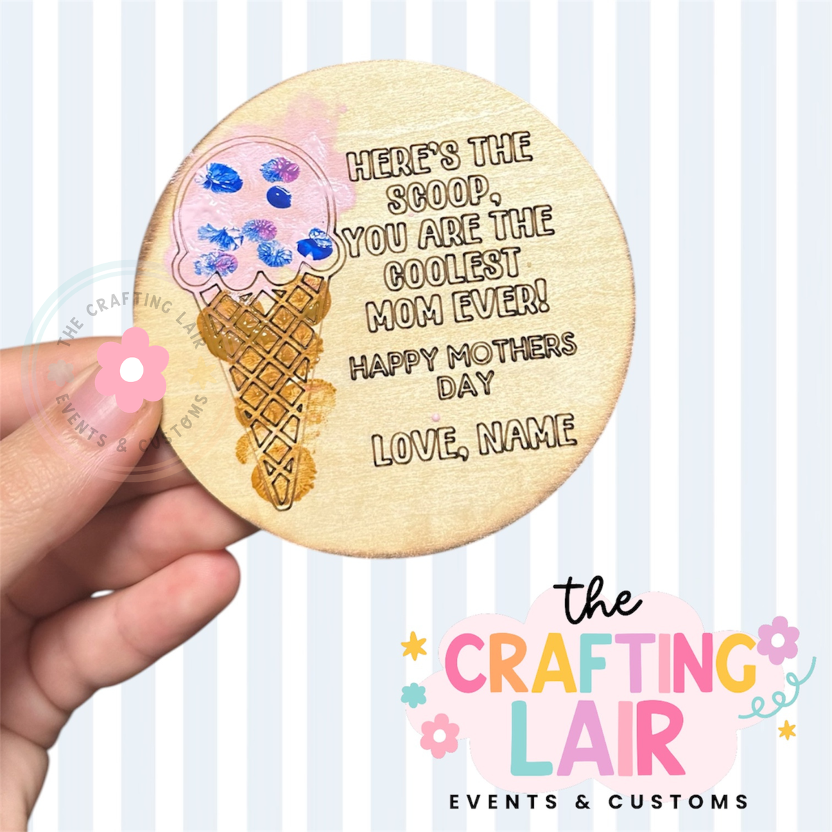 Personalized wooden Mother's Day gift magnet with ice cream illustration