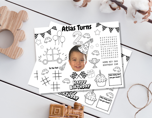 Personalized Race Car Birthday Activity Playmat with Photo