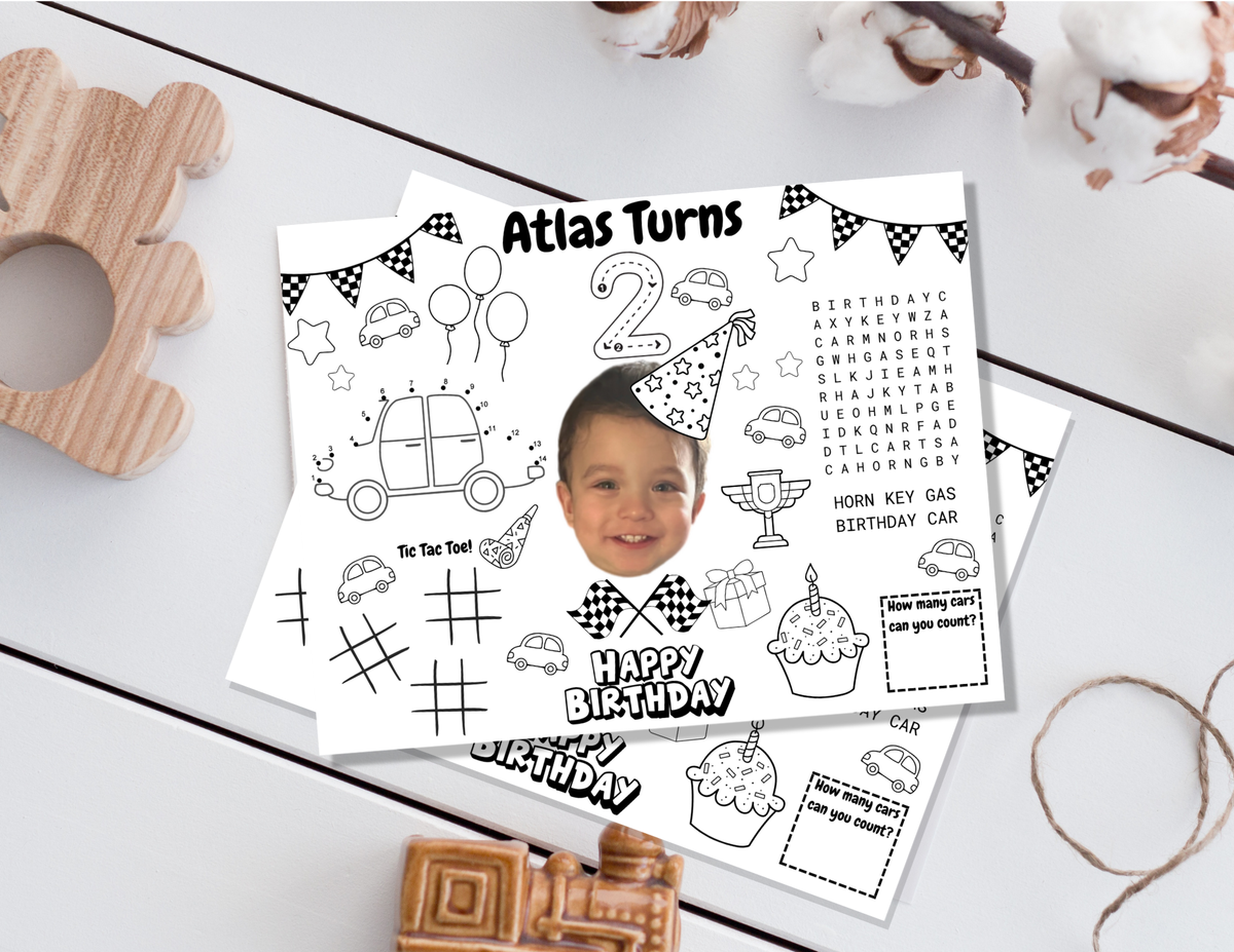 Personalized Race Car Birthday Activity Playmat with Photo