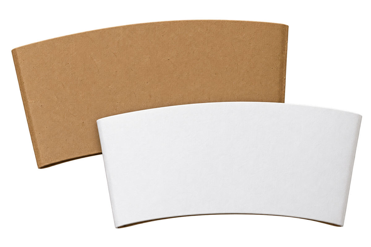 Two curved paper cups or sleeves shown on a plain white background, one in natural brown kraft material and one in white.