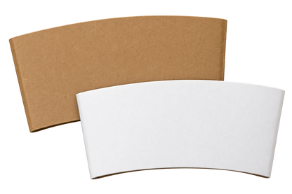 Two curved paper cups or sleeves shown on a plain white background, one in natural brown kraft material and one in white.