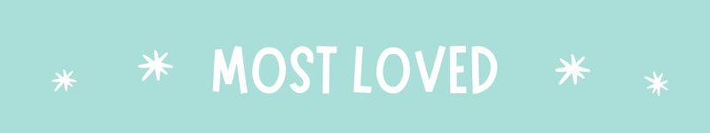 A light aqua blue banner with the words 'MOST LOVED' in white hand-drawn capital letters, surrounded by small white starburst accents.