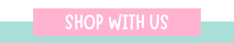A pink rectangular banner with rounded corners on a white and light aqua background, containing the text 'SHOP WITH US' in white uppercase letters.
