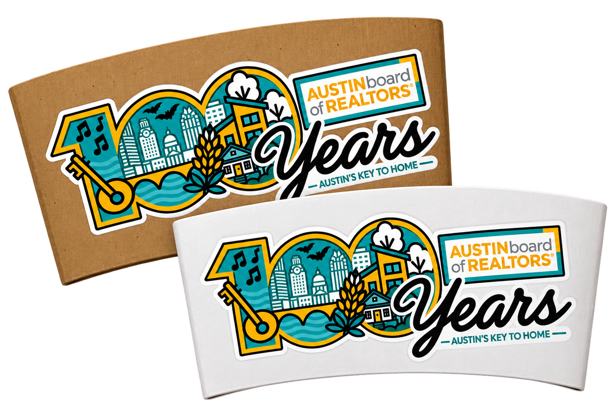 Two curved printed panels or labels shown on a white background. The top panel is kraft brown and the bottom panel is white, both featuring a colorful '100 Years' Austin board of Realtors' graphic with teal, yellow, orange, black, and white elements.
