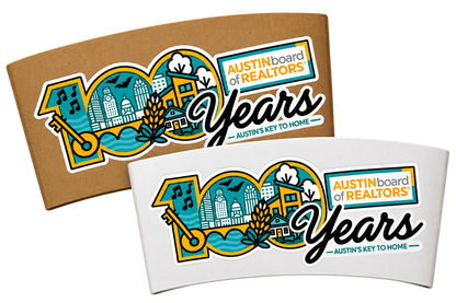 Two curved printed panels or labels shown on a white background. The top panel is kraft brown and the bottom panel is white, both featuring a colorful '100 Years' Austin board of Realtors' graphic with teal, yellow, orange, black, and white elements.