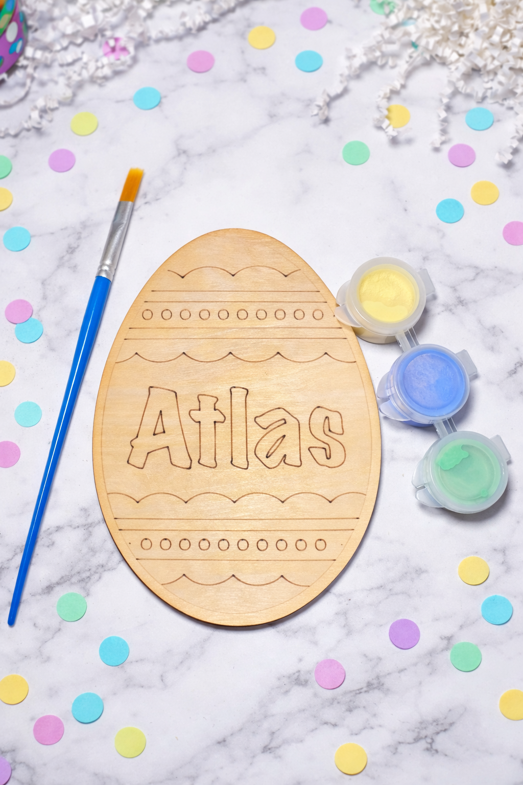 Wooden Easter egg paint kit with pastel paint pots and brush