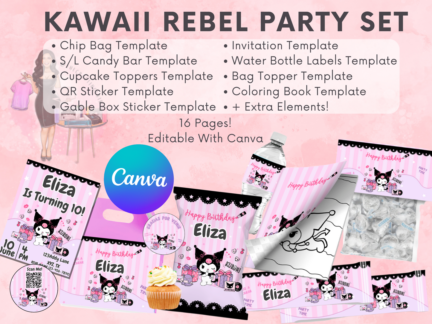 Kawaii Rebel Party Set -  Canva Editable Template  | Instant Download