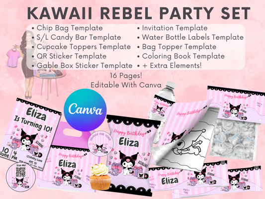Kawaii Rebel Party Set -  Canva Editable Template  | Instant Download