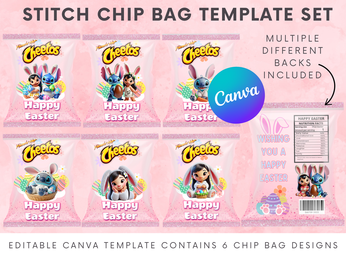 Conjunto de plantillas de lienzo para bolsa de patatas fritas con dibujos animados de Pascua