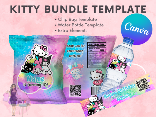 Kitty Bundle Party Favors Template Canva - Chips & Water Bottle
