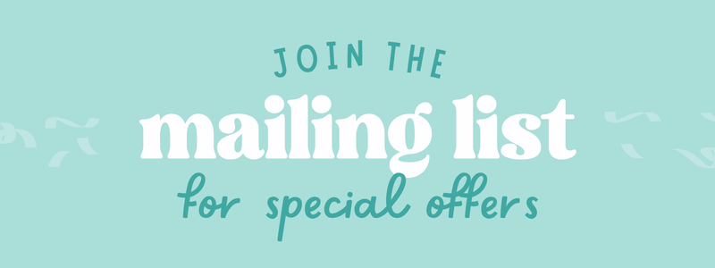 A digital graphic with a light mint green background featuring the text 'JOIN THE mailing list for special offers' in white and teal lettering.