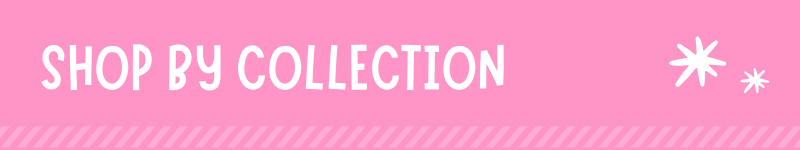 Pink banner with the text 'SHOP BY COLLECTION' in white, plus two small white starburst icons on the right.