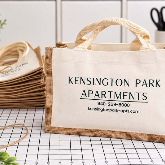 A canvas tote bag with burlap trim stands on a white grid surface, printed with 'KENSINGTON PARK APARTMENTS' and contact details. A stack of similar bags and a roll of twine are blurred in the background, with a plant and scissors visible as props.