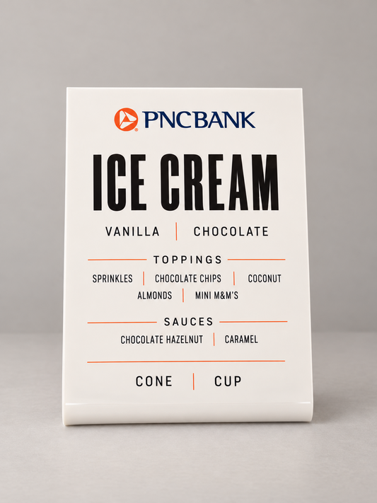 White custom acrylic tabletop ice cream menu sign