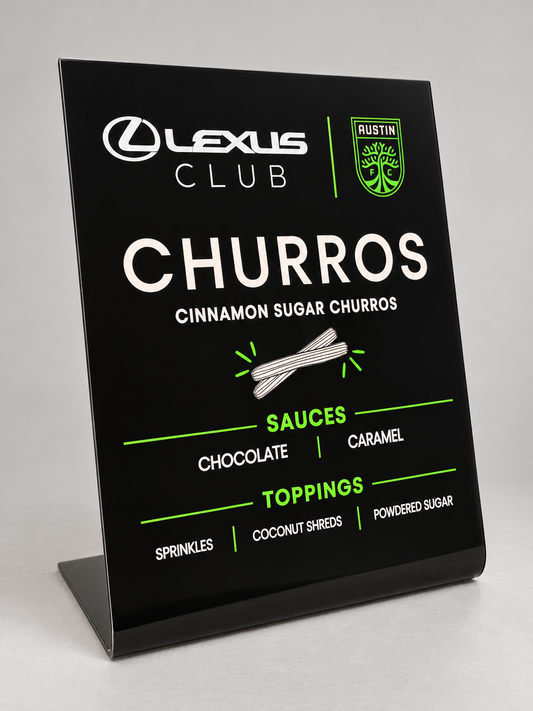 Black custom acrylic churros menu display stand