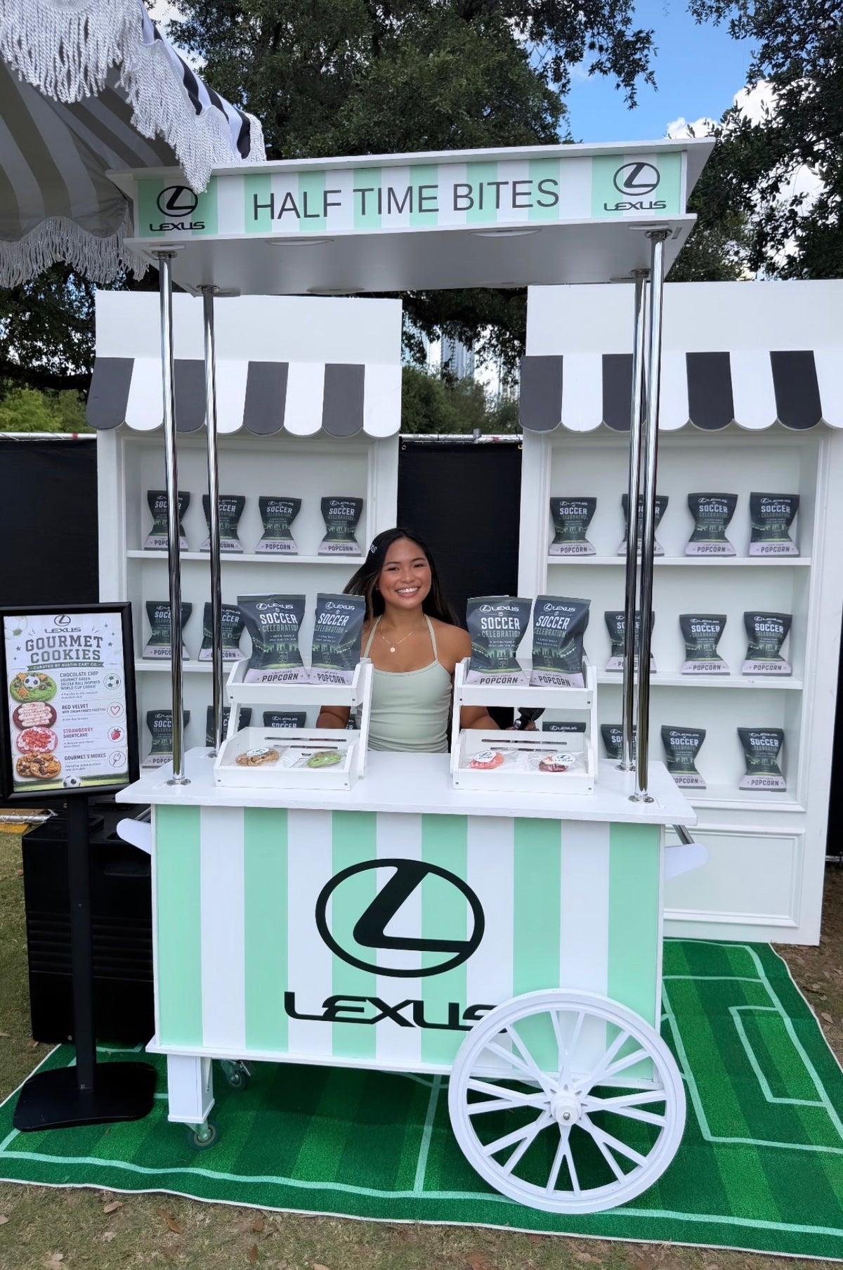 Custom chip bags arranged on a soccer celebration snack cart