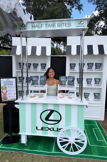 Custom chip bags arranged on a soccer celebration snack cart