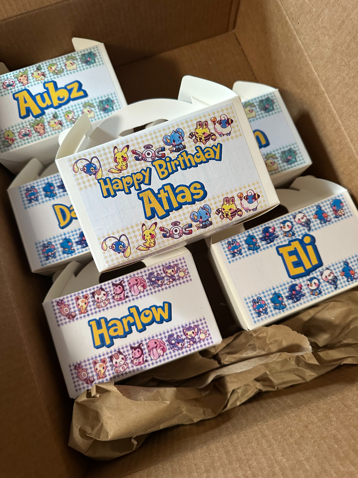 Close-up of a personalized birthday party favor box with a handle