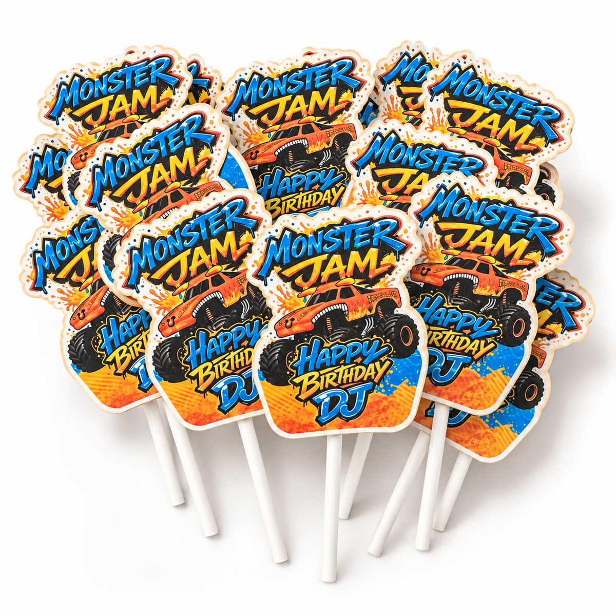 Custom Monster Jam birthday cupcake toppers with orange trucks and blue and yellow lettering on white sticks.