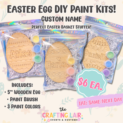 Easter egg paint kit packaging with wooden egg shapes and paint