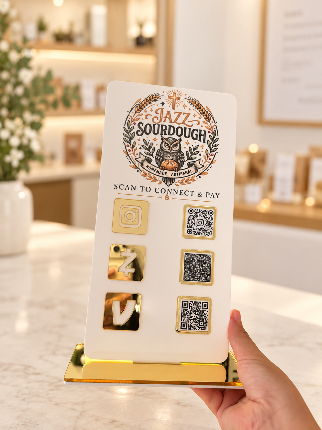 Hand holding a white acrylic business QR code sign with gold mirror accents and a matching tabletop base.
