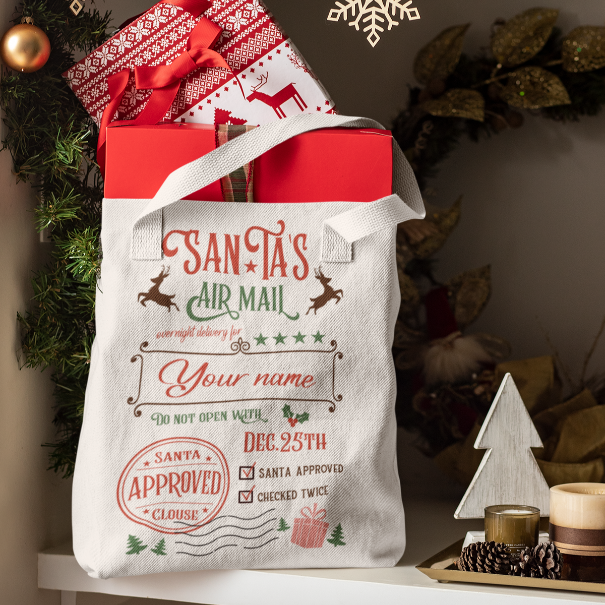 Bolsa de tela navideña personalizada de Santa's Air Mail