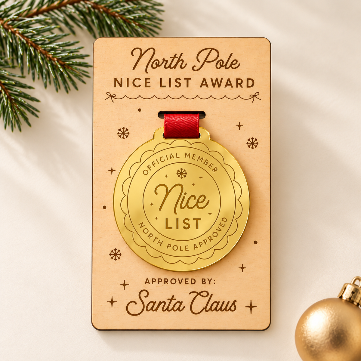 North Pole Approved scalloped round gold mirror Nice List award with red ribbon and engraved plywood Christmas presentation card.