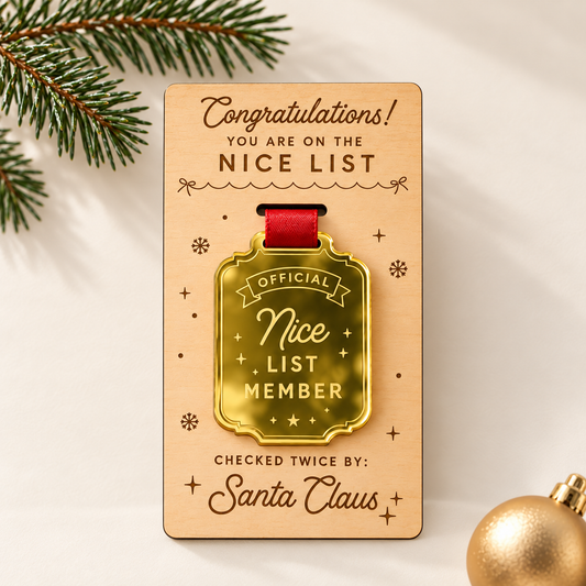 Official Nice List Member rectangular gold mirror award with red ribbon and Congratulations engraved wooden presentation card.