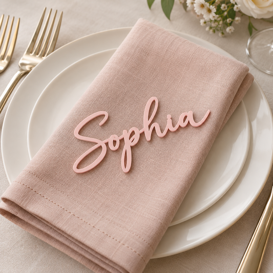 Blush pink acrylic Sophia name place card resting on a linen napkin over a white plate at an elegant wedding table setting.