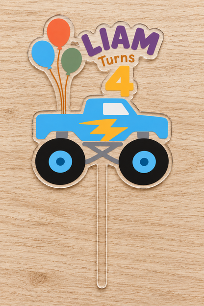 Personalized blue lightning monster truck birthday cake topper with custom name and age on clear acrylic