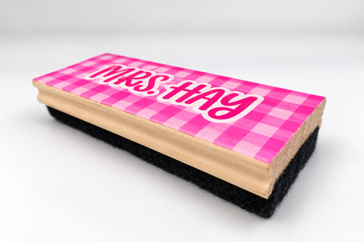 Side view of the pink checkered custom name eraser