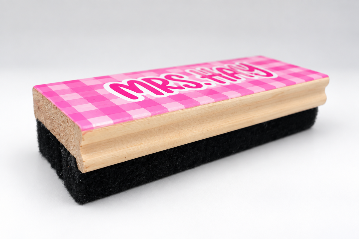 Close-up side detail of a personalized pink teacher eraser
