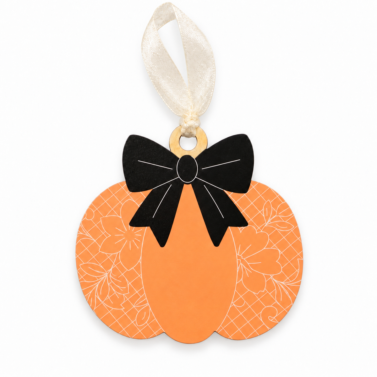 Orange floral pumpkin hanger with black printed bow and cream ribbon, without lettering.
