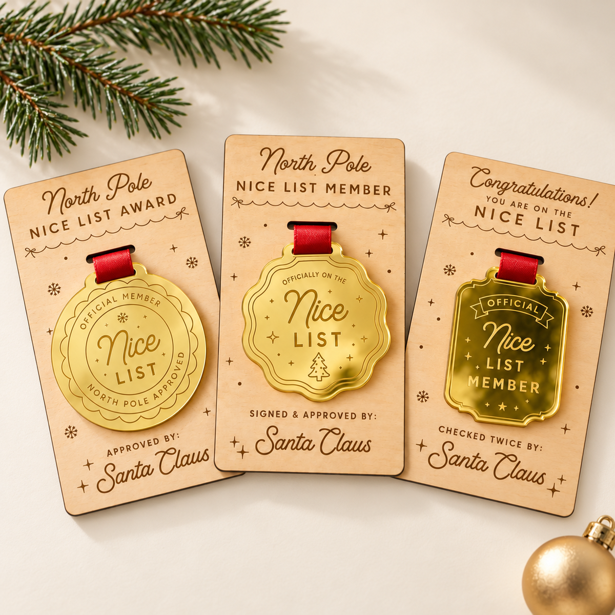 Three gold mirror acrylic Santa Nice List awards with red ribbons and engraved wooden presentation cards on a cream Christmas display background.