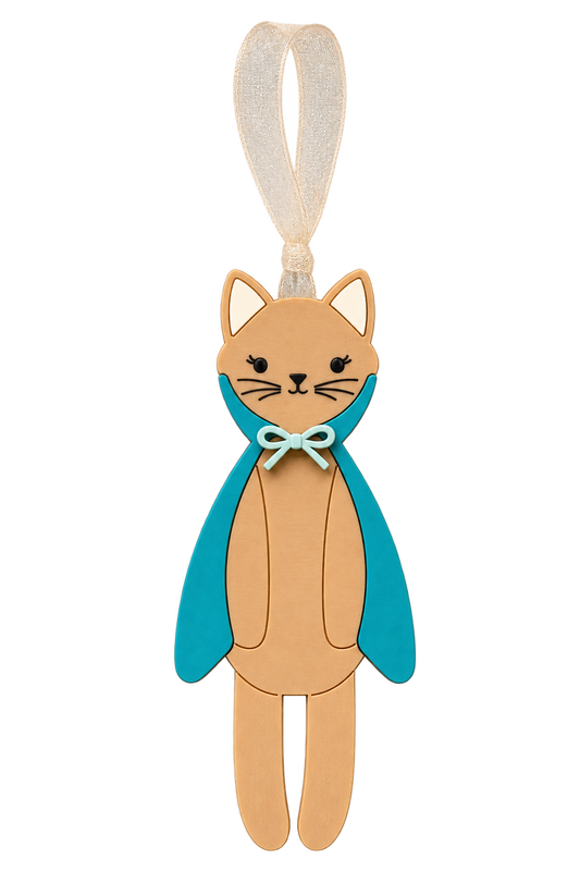 Teal vampire cat Boo Bag Tag with beige sheer ribbon; initial shown in builder