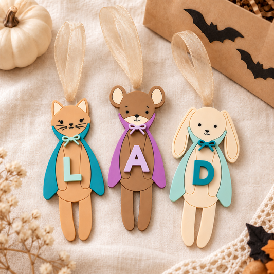 Personalized vampire Boo Bag Tags: teal cat with L, purple mouse with A, mint bunny with D and beige sheer ribbons