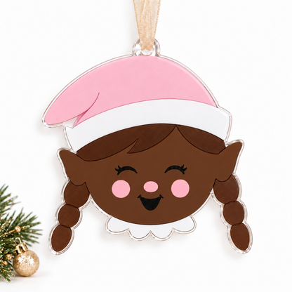 girl elf UV printed acrylic Christmas ornament in Tone 2 on a studio background, with sheer beige ribbon.