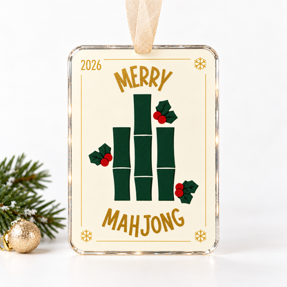 merry mahjong UV printed acrylic Christmas ornament on a white background, with sheer beige ribbon.