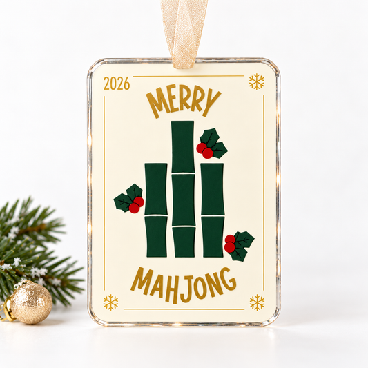 merry mahjong UV printed acrylic Christmas ornament on a white background, with sheer beige ribbon.