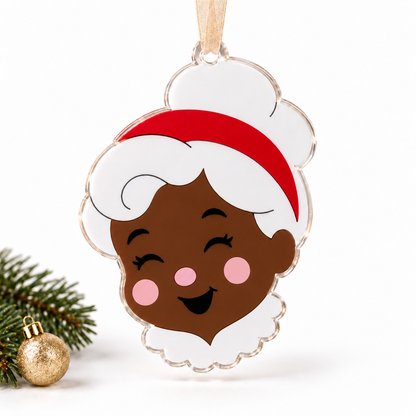 mrs claus UV printed acrylic Christmas ornament in Tone 2 on a studio background, with sheer beige ribbon.
