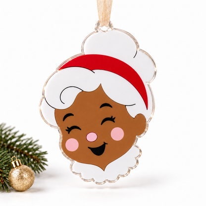 mrs claus UV printed acrylic Christmas ornament in Tone 3 on a studio background, with sheer beige ribbon.